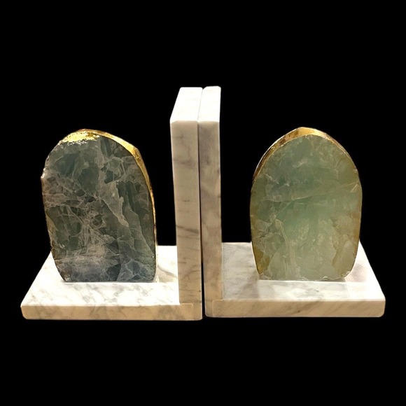 Anthropologie Sliced Bookends Green gold marbled Crystal heavy Beautiful Classy - Picture 3 of 16